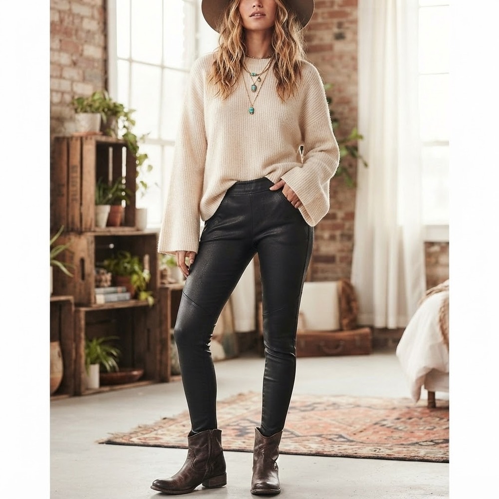 Free People Women's Size 0 Pull On Leggings Black Soft Shiny Elegant